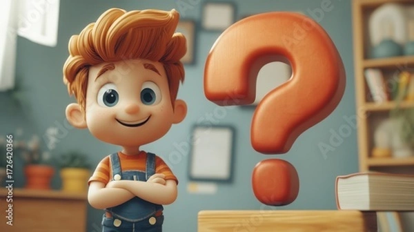 Fototapeta A cheerful 3D cartoon character stands beside a large red question mark against a soft light blue background, embodying curiosity and problem-solving