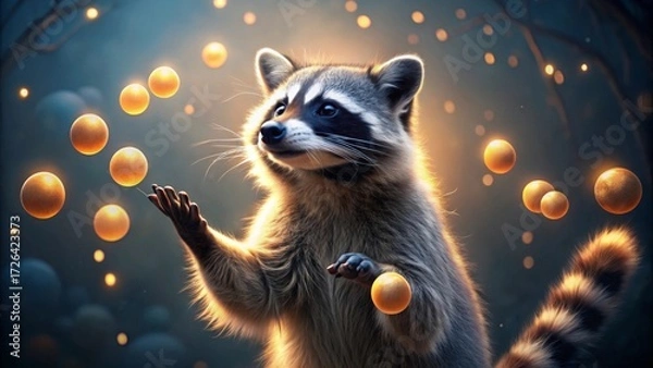 Fototapeta A Nocturnal Acrobat A Raccoon's Mystical Ball Juggling Performance in an Enchanted Forest Setting