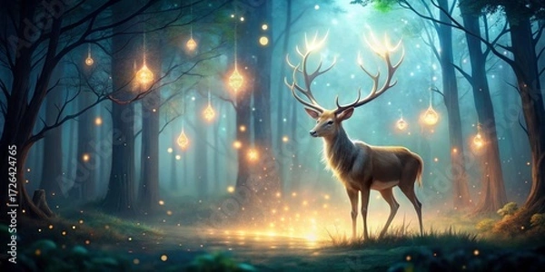 Fototapeta Enchanted Forest Majesty A Noble Stag Stands Illuminated by Glowing Ornaments Hanging Amongst the Trees