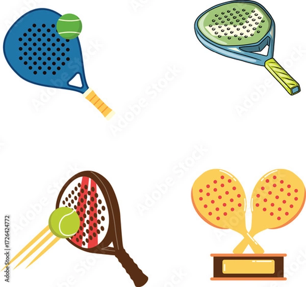Obraz Vector art of set of four padel tennis illustrations, showcasing different racket designs and a trophy, perfect for sports enthusiasts