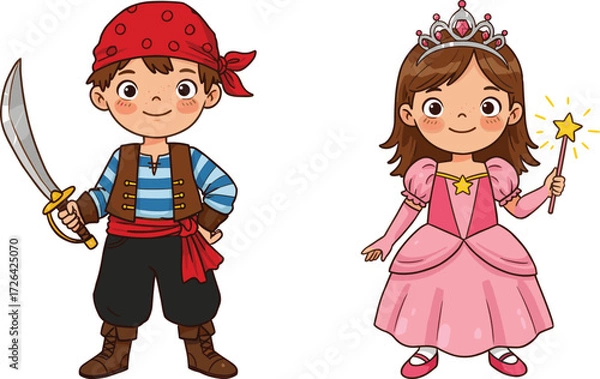 Fototapeta Pirate and princess, cartoon kids, fantasy characters, costume play, magic wand, sword pose, vector art, joyful scene, editable design, storytelling theme