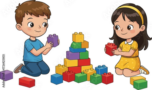 Fototapeta Children building blocks, cartoon kids, creative play, colorful shapes, pyramid structure, vector art, joyful moment, editable design, learning activity, teamwork