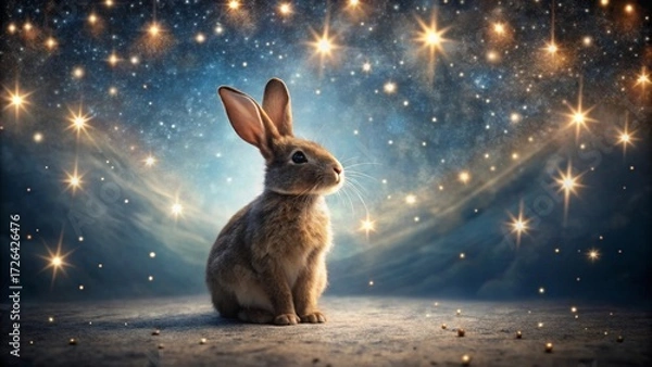 Fototapeta A Young Rabbit Gazes at a Night Sky Filled with Sparkling Stars and Celestial Wonders