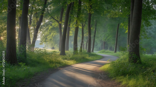 Fototapeta A serene forest path winding through tall trees with sunlight filtering through the canopy on a misty morning