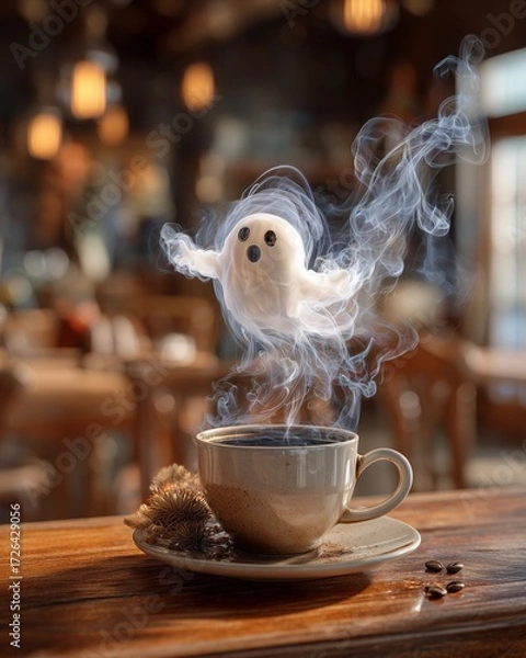 Fototapeta Ghostly coffee concept with smoke ghost emerging from coffee cup, surreal smoke ghost coffee art, ghostly smoke rising from coffee in a cafe concept