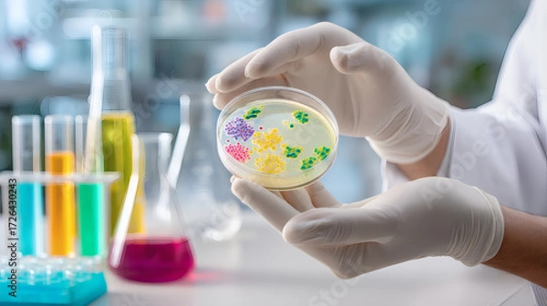 Fototapeta Laboratory Petri Dish with Colorful Bacteria Samples
