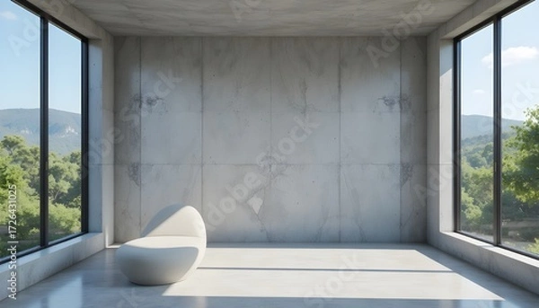 Fototapeta 3D Render of Empty Concrete Room with Large Window and Nature View for Product Presentation Background