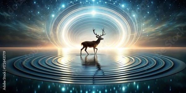 Fototapeta A majestic stag stands serene on a tranquil, circular water surface, gazing towards a luminous cosmic portal amidst a starlit sky.