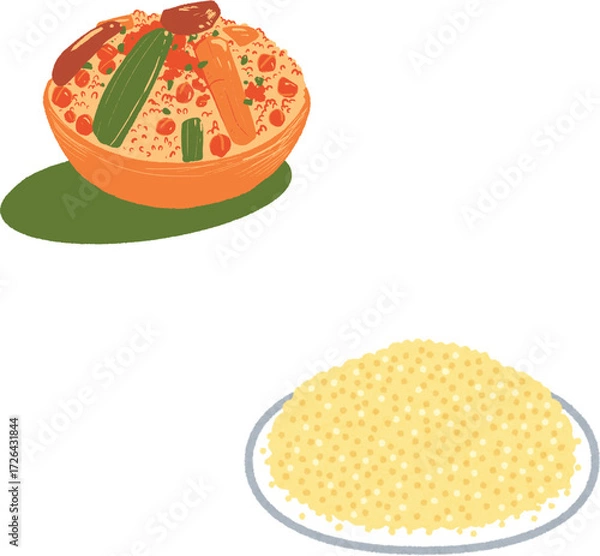 Obraz Vector art of a colorful illustration of couscous, a traditional north african dish, featuring semolina grains and vegetables