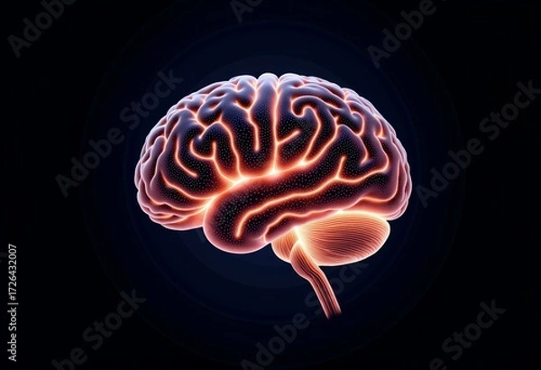 Fototapeta Illuminated Neural Network: Anatomical Illustration of a Brain with Glowing Neural Pathways and Complex Structures Against a Dark Background