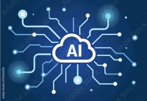 Obraz Illustration Depicting Artificial Intelligence Network with Cloud Computing Elements and Digital Connections Against a Blue Background