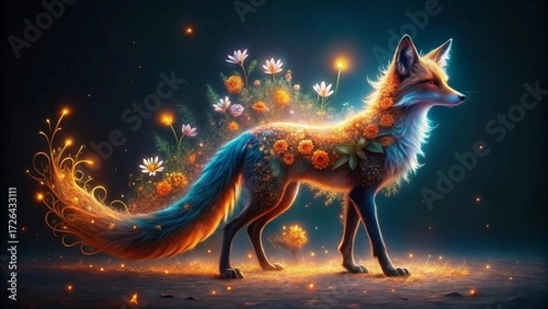 Fototapeta A luminous fox, adorned with vibrant blossoms and glowing tendrils, gracefully strides across a mystical landscape, a breathtaking display of nature's ethereal beauty.
