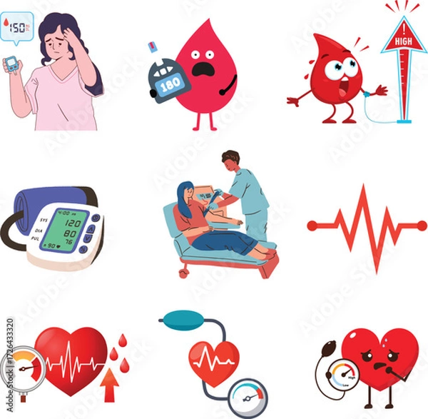 Obraz Vector art of various medical icons showcasing diabetes, blood pressure monitoring, and heart health, , offering a visual representation of healthcare