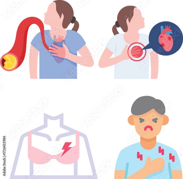 Obraz Vector art of illustration depicting various symptoms and signs of heart disease, includes chest pain, shortness of breath, and discomfort