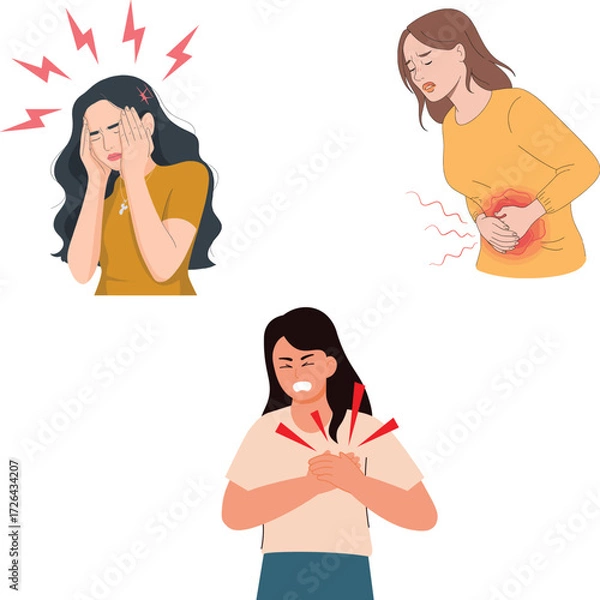 Obraz Vector art of woman experiencing various health issues, including headache, stomach ache, and chest pain, depicted with cartoonish style