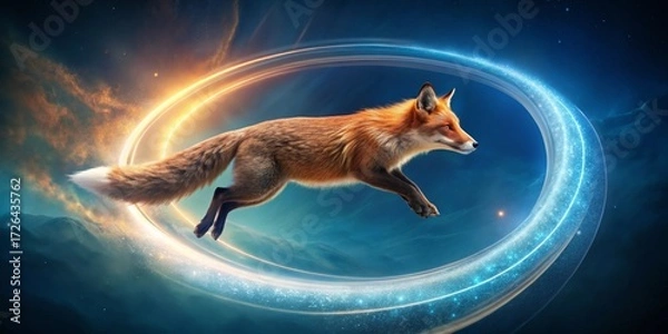 Fototapeta A red fox gracefully leaps through a luminous celestial ring, traversing a cosmic expanse of nebulae and stardust.