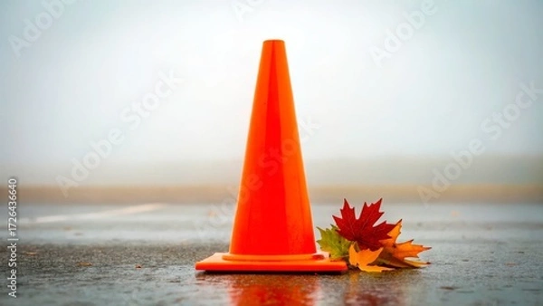 Fototapeta Bright orange traffic cone placed on wet pavement with fallen autumn leaves around it on a foggy day