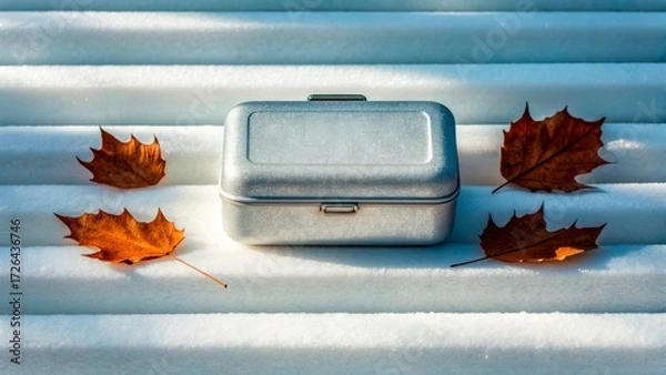 Fototapeta Metal box surrounded by autumn leaves on a snowy surface creating a serene winter scene