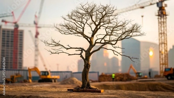 Fototapeta Construction site with a bare tree in the foreground during sunset in an urban area