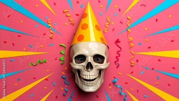 Fototapeta Skeleton wearing party hat celebrates with colorful confetti and streamers at a festive gathering