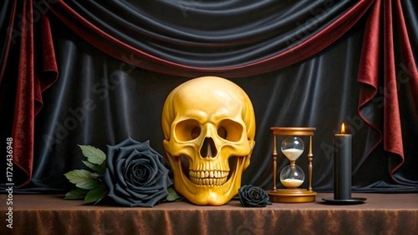Fototapeta Golden skull and black rose with candle, hourglass, and dark curtain in a somber display setting