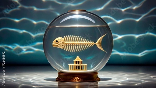 Fototapeta Unique glass bowl with a fish skeleton and a small temple structure set against a watery background