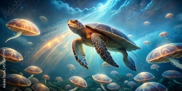 Fototapeta Serene Sea Turtle Gracefully Navigating a Bioluminescent Jellyfish Ballet Underneath a Celestial Canvas