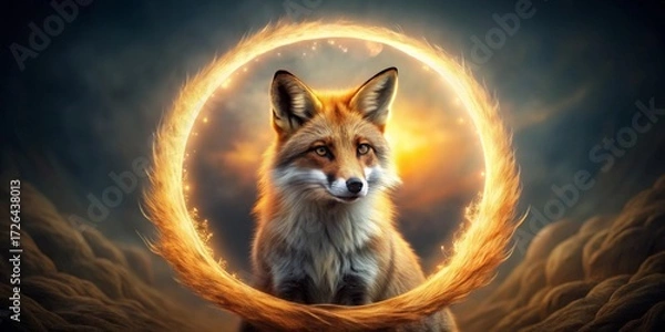 Fototapeta A Majestic Red Fox Encircled by a Glowing, Fiery Halo, Set Against a Dramatic, Dreamlike Sky