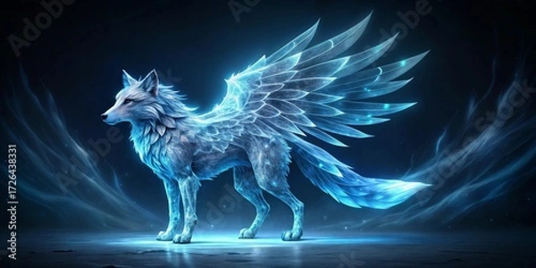 Fototapeta A majestic crystalline wolf, adorned with ethereal ice wings, stands poised on a dark, reflective surface, illuminated by a soft, celestial glow.
