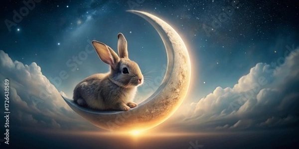 Fototapeta A whimsical bunny rests serenely atop a crescent moon, bathed in the soft glow of a celestial sunrise, surrounded by fluffy clouds and a starry night sky.