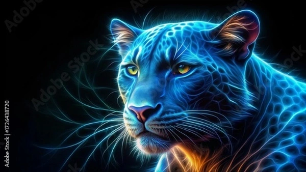 Fototapeta Luminous feline portrait, a captivating study in vibrant blue and orange hues, showcasing intricate details of fur and whiskers against a dark backdrop