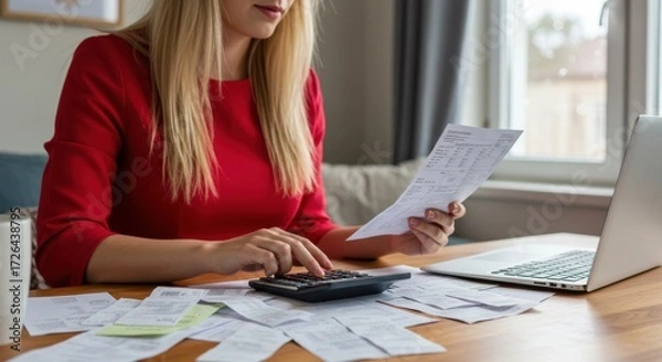 Fototapeta Calculating expenses a woman managing bills at home finance workspace cozy environment viewpoint