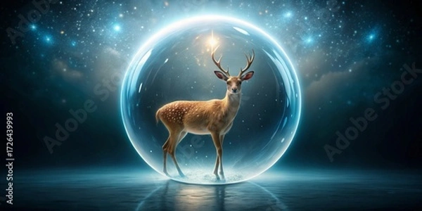 Fototapeta A majestic deer stands within a luminous orb, a celestial scene of wonder and serenity amidst a starry expanse