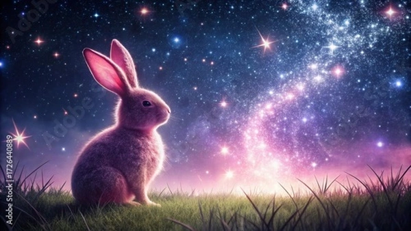Fototapeta A fluffy bunny gazes at the celestial wonders of a starlit night, a whimsical scene of dreams and imagination unfolding under a breathtaking cosmic expanse.