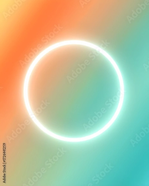 Fototapeta A glowing white neon ring on a vibrant, abstract gradient of orange and teal. A modern and energetic background for logos or text.