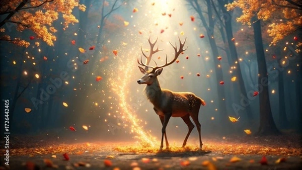 Fototapeta Majestic Stag in Autumnal Forest, Enchanted by Glowing Particles and Falling Leaves