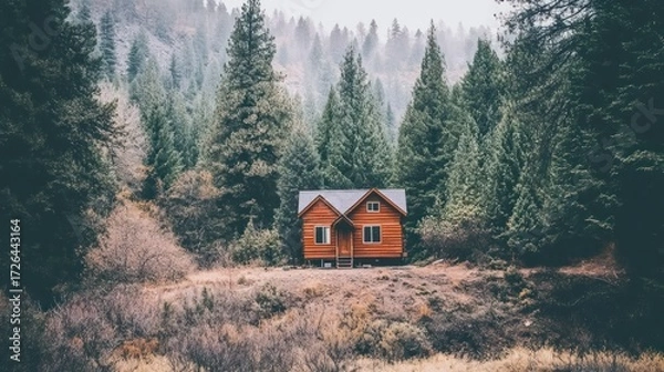 Fototapeta Rustic cabin nestled in a misty forest
