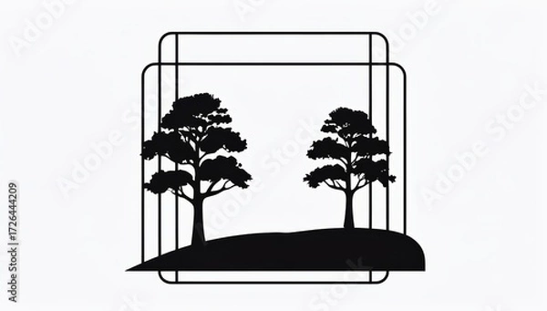 Obraz Silhouette of two trees on hill inside geometric frame design  