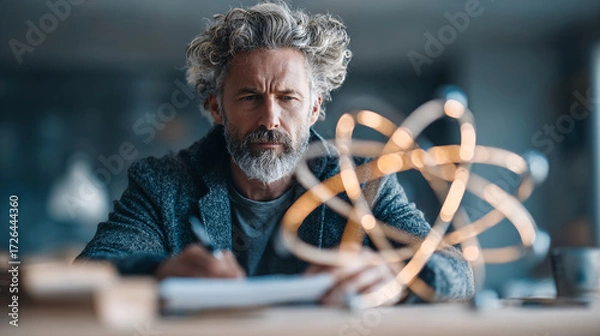 Fototapeta Man with beard writing next to atom model on a wooden table.