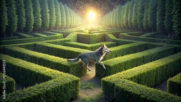 Fototapeta A Lone Canine Leaps Through a Verdant Labyrinth Towards a Glimmering Light at the Maze's Center