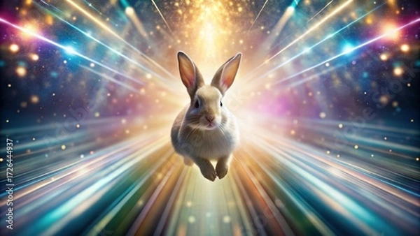 Fototapeta A fluffy white rabbit gracefully leaps through a vibrant cosmic tunnel of light and color, a captivating journey into the unknown