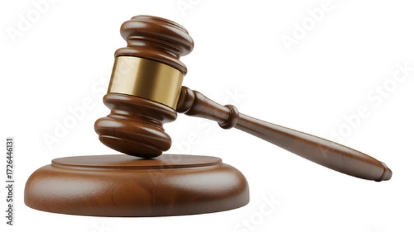 Fototapeta Wooden gavel with gold accent resting on block represents justice and legality