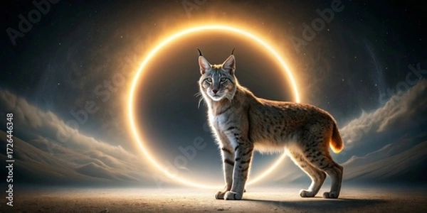 Fototapeta A majestic lynx stands before a luminous celestial ring, a symbol of cosmic wonder and feline grace in a desolate, yet breathtaking landscape.