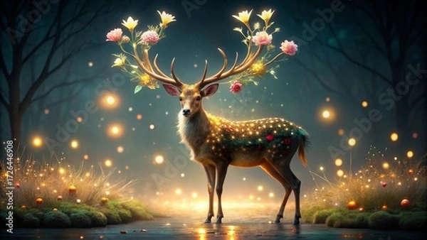 Fototapeta Enchanted Deer in a Mystical Forest, Adorned with Luminescent Flora and Glowing Lights