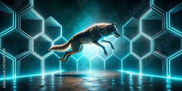 Fototapeta A leaping canine silhouette against a futuristic hexagonal backdrop with vibrant neon lighting