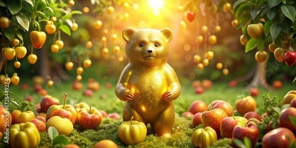 Fototapeta A Golden Bear Figurine Amidst a Bountiful Harvest of Sparkling Apples in a Sunlit Orchard