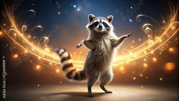 Fototapeta A whimsical raccoon performs a magical dance amidst swirling golden lights, a captivating spectacle of nature's charm and enchanting artistry.