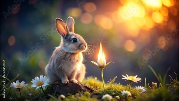 Fototapeta A curious bunny contemplates a glowing flower amidst a field of daisies at sunset