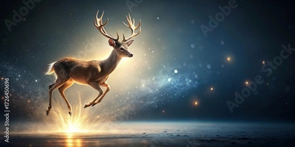 Fototapeta Majestic Buck Leaps Through Sparkling Stardust, Illuminated by a Glowing Ethereal Light
