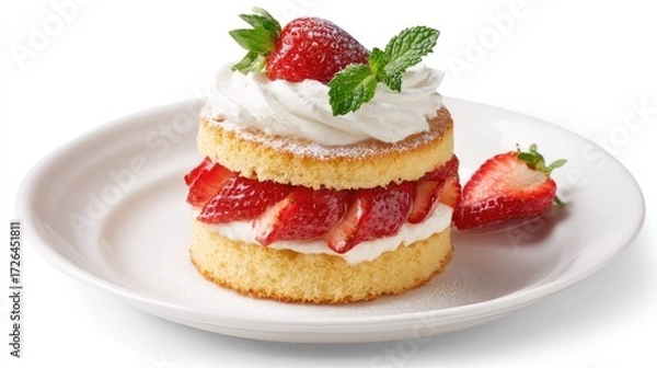 Fototapeta Layers of sponge cake with fresh strawberries and whipped cream.